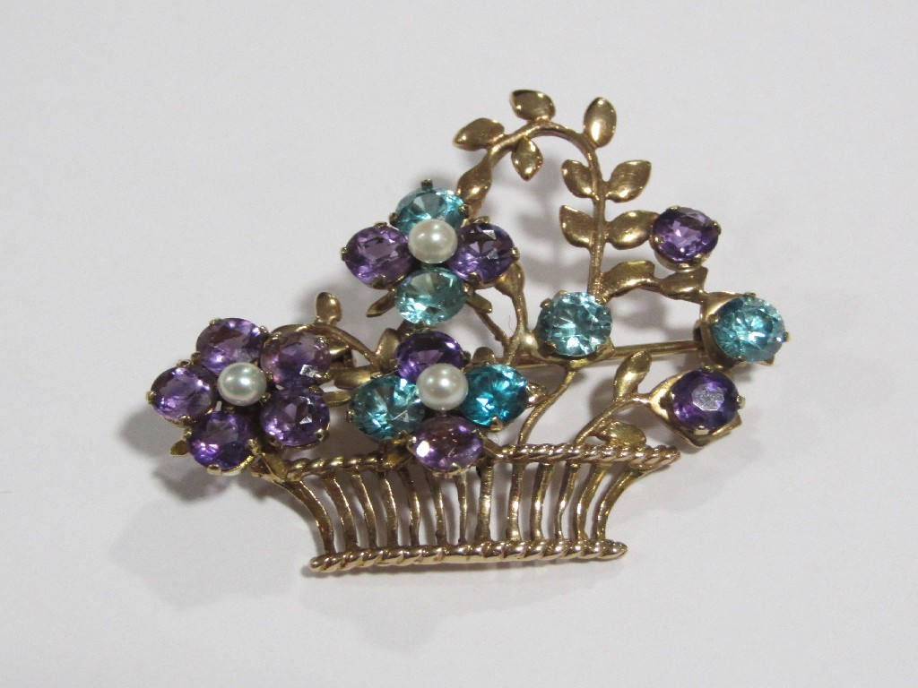 Appraisal: Nine carat gold blue topaz amethyst and pearl set brooch