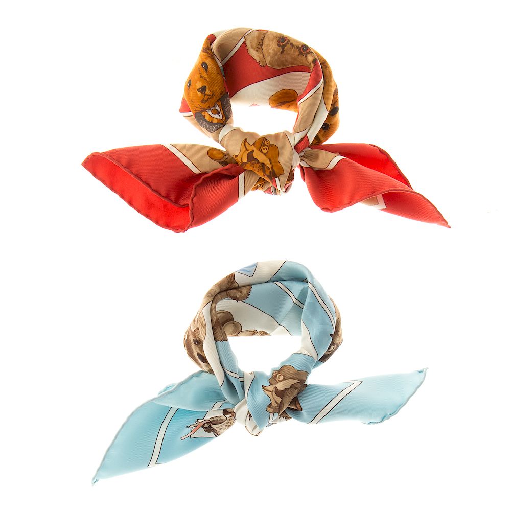 Appraisal: Two Hermes Confidents des Coeurs Scarves Red and multicolor Hermes