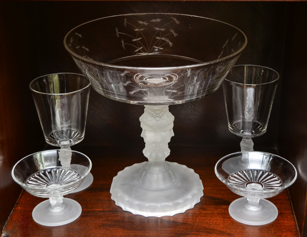 Appraisal: THREE FACES PATTERN GLASS Frosted glass bases in the Three