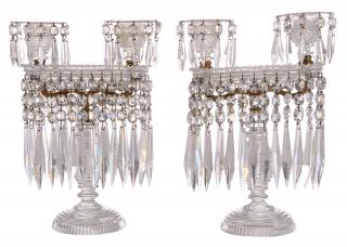 Appraisal: Pair Regency Twin Light Clear Cut Glass Lustres British th