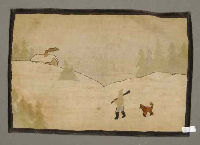 Appraisal: Grenfell rug with hunter and dog near cabin Staining ''