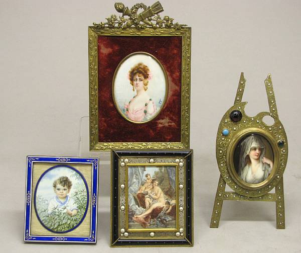 Appraisal: Four miniature pictures in various mediums late th early th