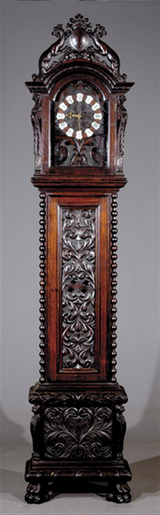 Appraisal: E Howard Co carved oak tall case clock circa hood