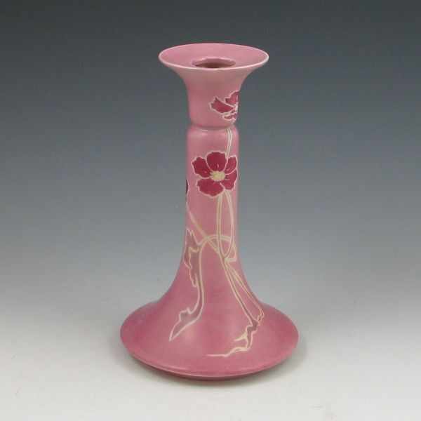 Appraisal: Semi-iridescent candleholder in pink with floral design by John Lessell