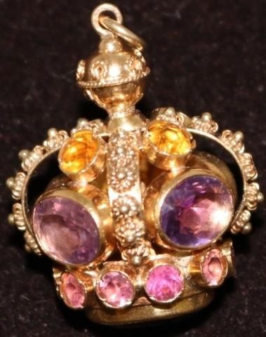 Appraisal: KT GOLD RUSSIAN CROWN SHAPED FOB INSET WITHAMETHYST TOPAZ AND