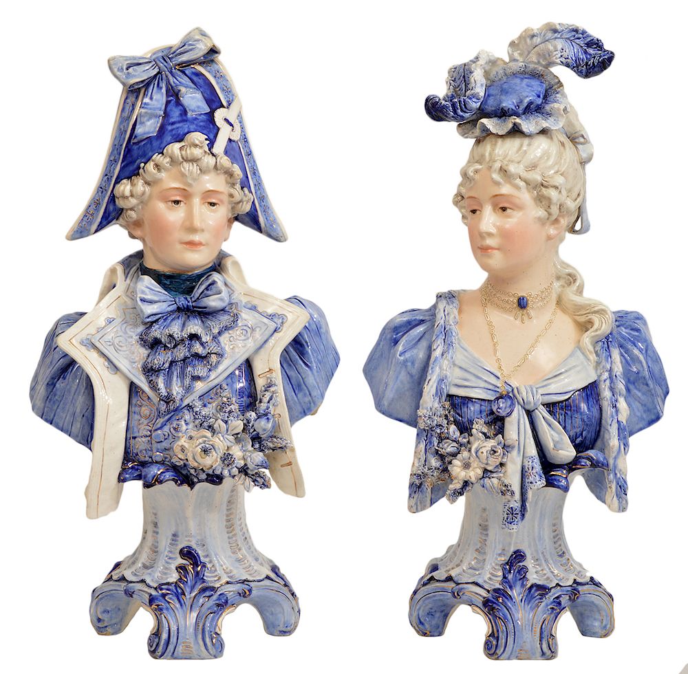 Appraisal: Antique Austrian Majolica Male Female Busts Male female antique Austrian