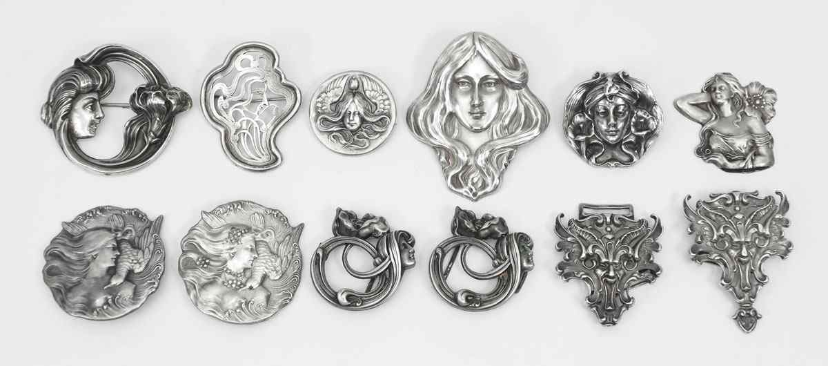 Appraisal: ART NOUVEAU STERLING SILVER PINS To include large Art Nouveau