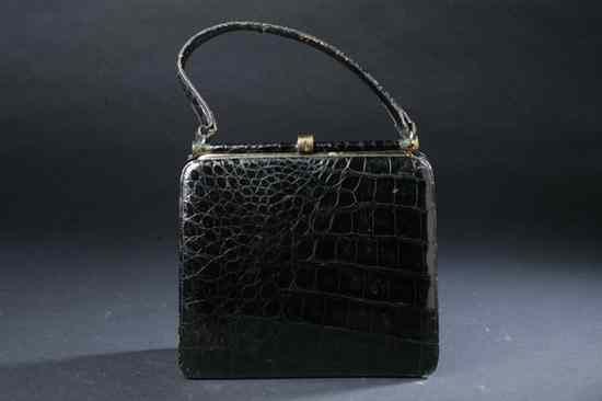 Appraisal: VINTAGE BELLESTONE POLISHED BLACK ALLIGATOR HANDBAG s With beige leather