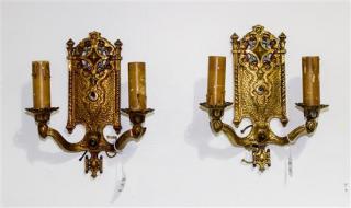 Appraisal: A Pair of Arts Crafts Brass Two-Light Sconces with hammered