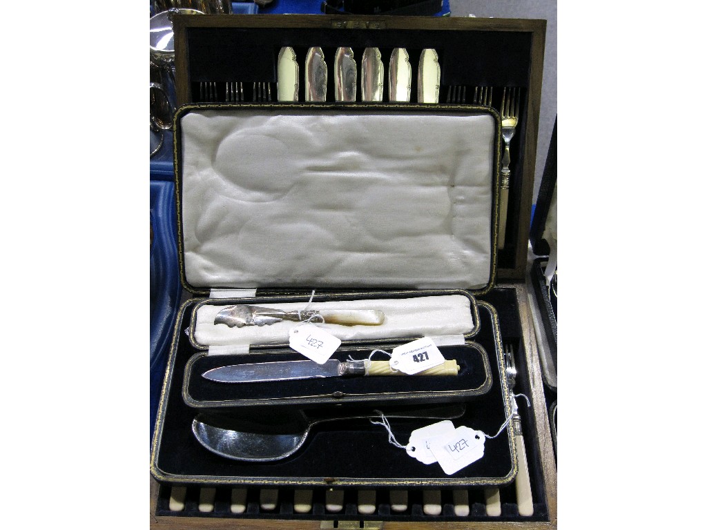 Appraisal: Lot comprising fish cutlery set servers cased cake knife and