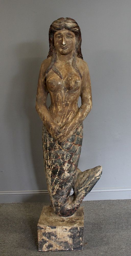 Appraisal: A Large Carved Wooden Gessoed Mermaid Figure Probably late th