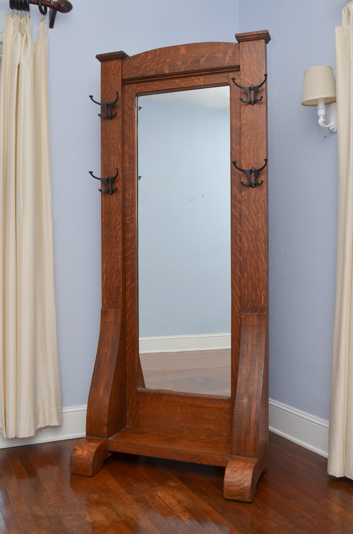 Appraisal: OAK EMPIRE PIER MIRROR HALL TREE Golden oak frame arched