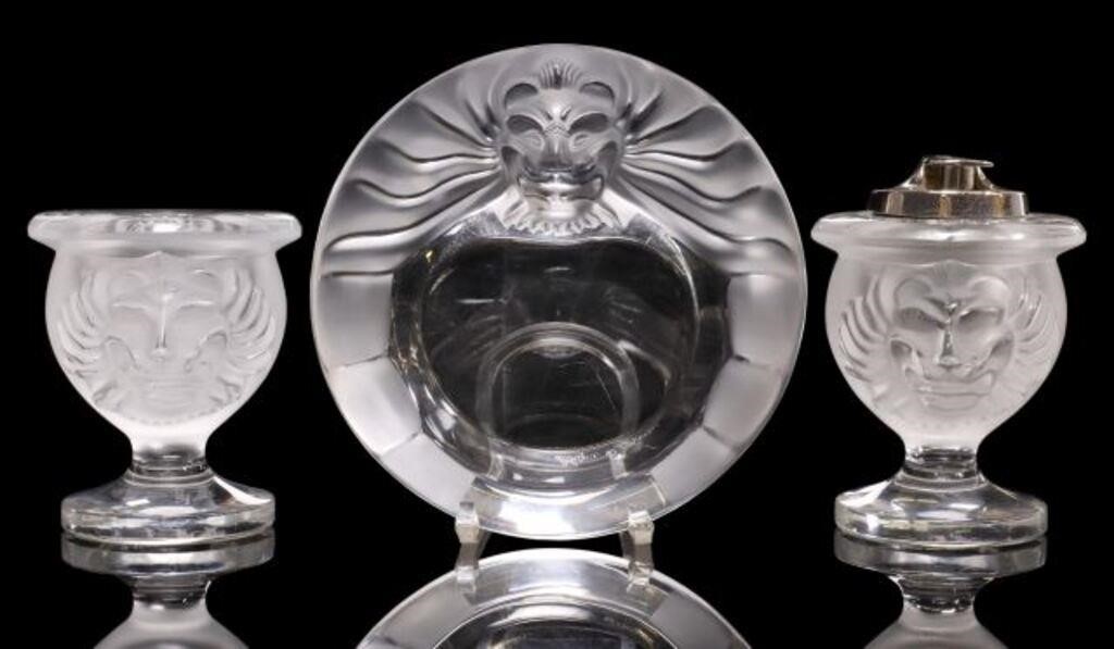 Appraisal: LALIQUE 'TETE DE LION' CRYSTAL SMOKING SET lot of French