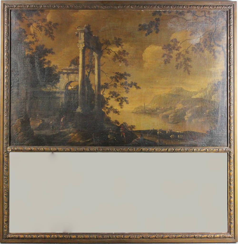 Appraisal: TRUMEAU MIRROR WITH OIL ON CANVAS LANDSCAPE the rectangular frame