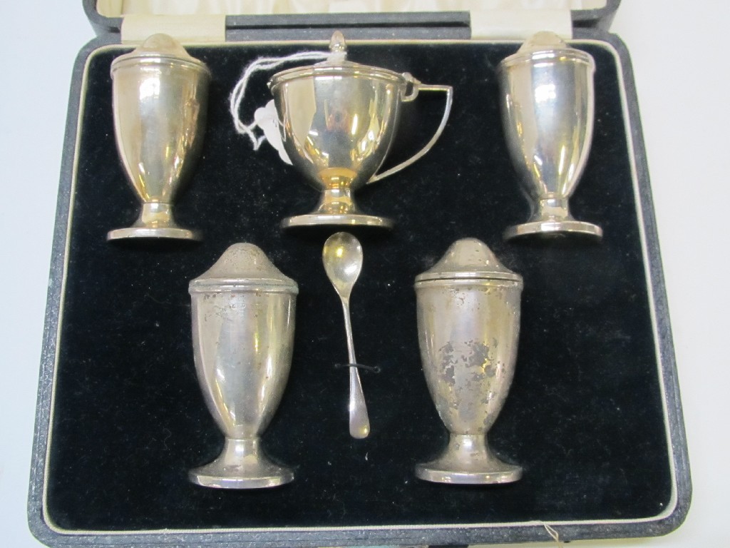 Appraisal: Cased five piece silver condiment set rubbed marks