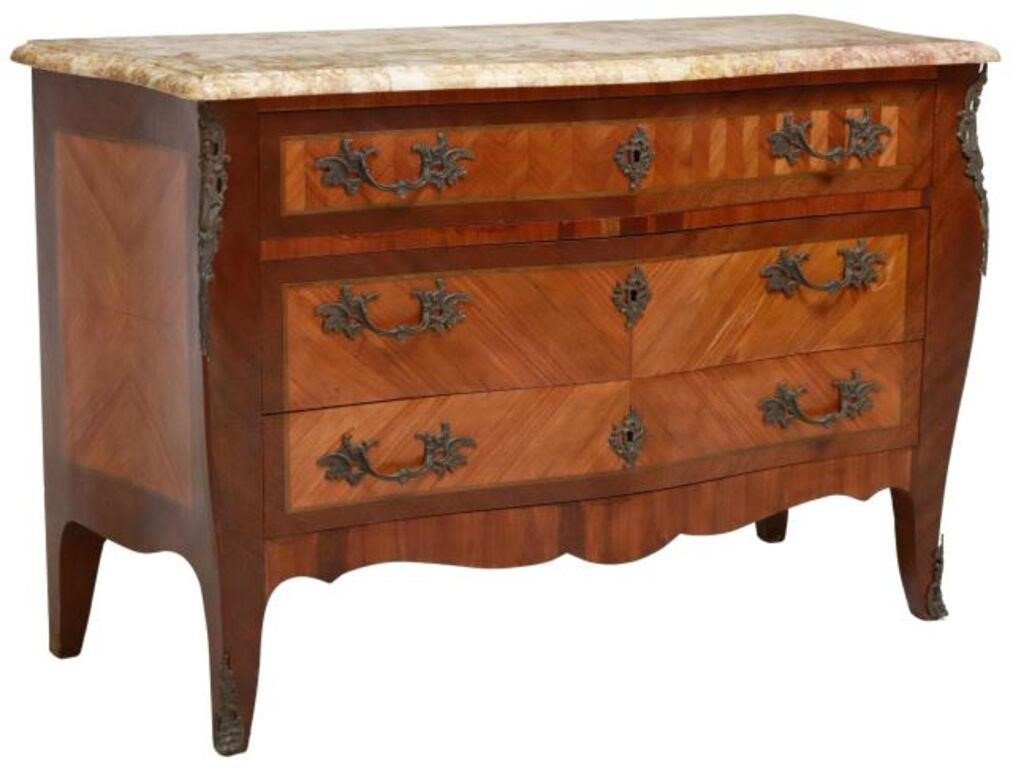 Appraisal: French Louis XV style matched-veneer commode th c having shaped