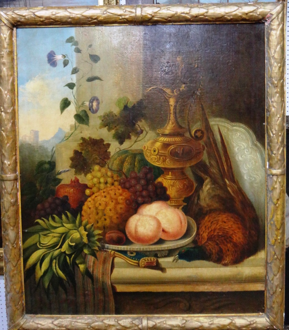 Appraisal: Follower of Edward Ladell Still life of fruit ewer pheasant