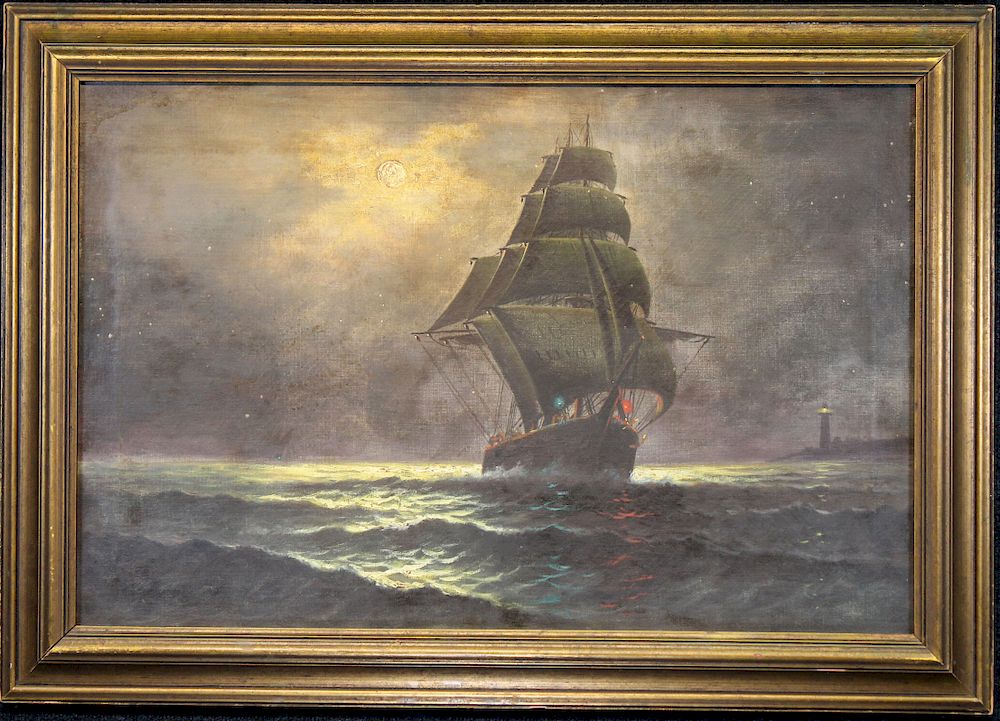 Appraisal: American School Painting of Ship Near Lighthouse American School Painting