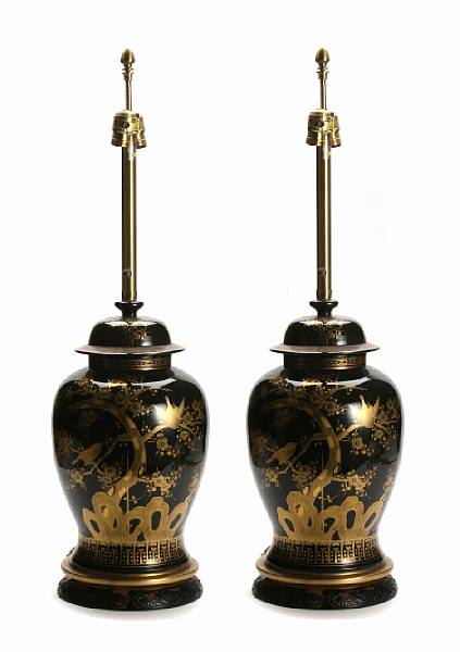 Appraisal: A pair of chinoiserie decorated urn form table lamps with