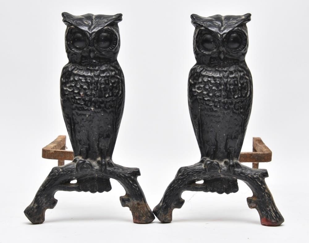 Appraisal: Pair of cast iron owl andirons circa h x w