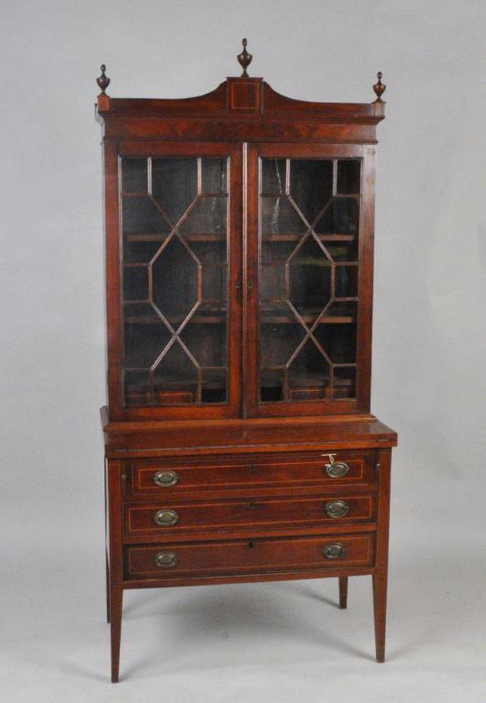 Appraisal: Hepplewhite Style Inlaid Mahogany Secretary in two parts with arcaded