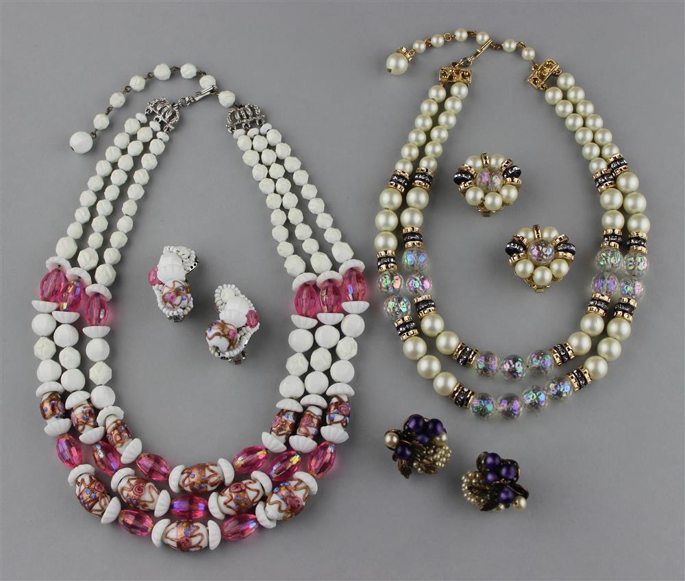 Appraisal: TWO HOBE SEMI-PARURES Hobe three strand necklace of mixed medium