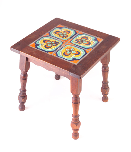 Appraisal: CALIFORNIA Tile-top table with four tiles painted with stylized butterflies