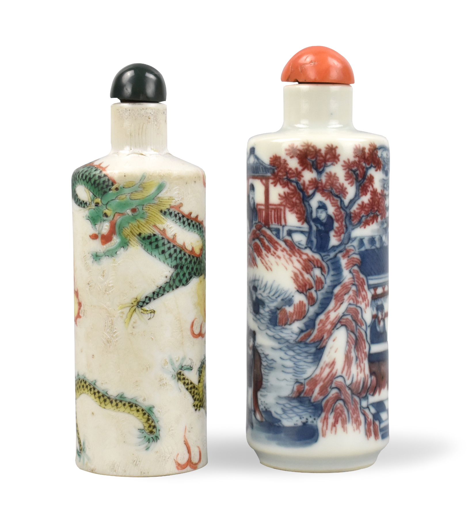 Appraisal: Two Chinese th C porcelain snuff bottles The larger features