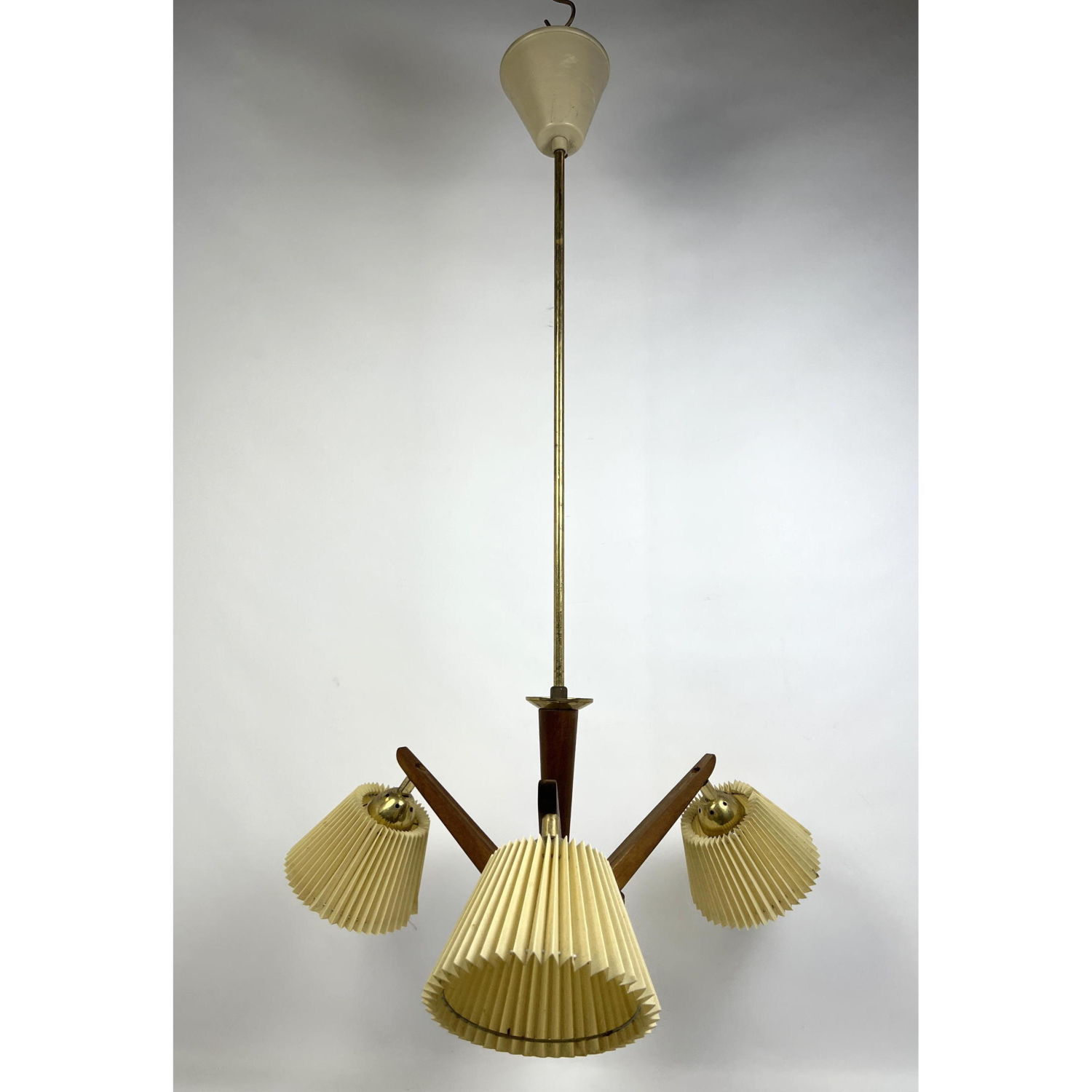 Appraisal: Danish Modern Arm Chandelier Lamp Brass and teak Dimensions H