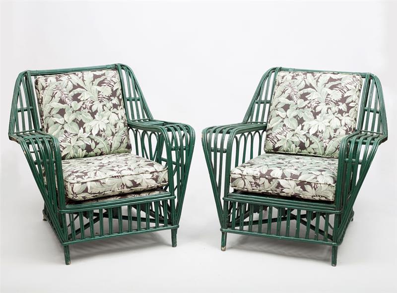 Appraisal: Suite of Green Painted Wicker Garden Furniture Comprising a settee