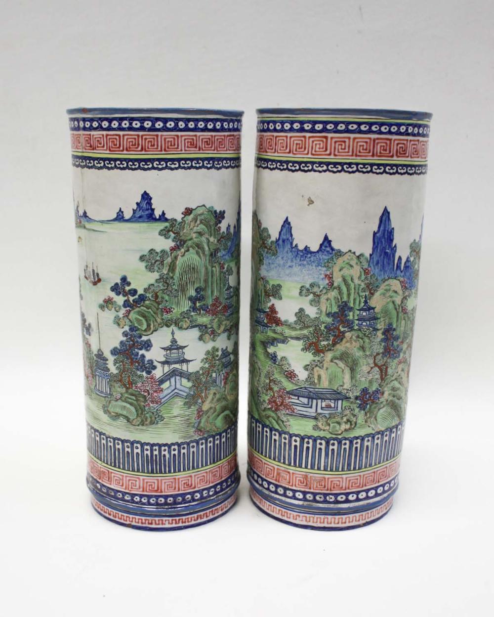 Appraisal: HAND PAINTED TERRA COTTA VASES cylinder form with hand painted