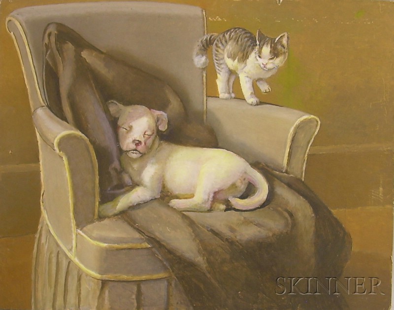 Appraisal: Unframed Oil on Paper Board of a Puppy and Kitten