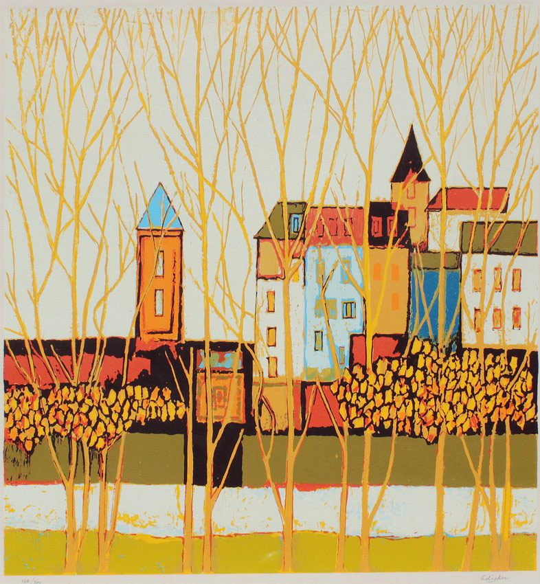 Appraisal: ADICKES David Pryor American - Village through the Trees Serigraph