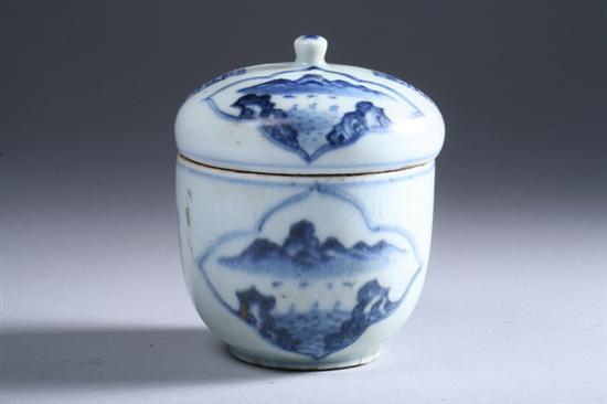 Appraisal: KOREAN BLUE AND WHITE PORCELAIN BOX AND COVER with quatrefoil