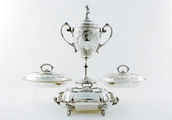 Appraisal: English silverplate entree dishes and covered trophy Regency style covered