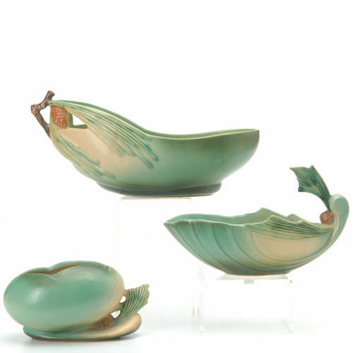 Appraisal: ROSEVILLE Three green Pine Cone bowls - - and -