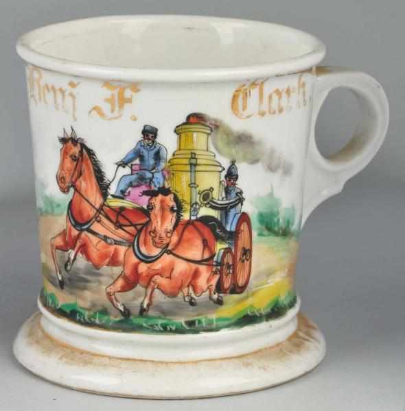 Appraisal: Horse-Drawn Steam Fire Pumper Shaving Mug Description Gilt name Benj