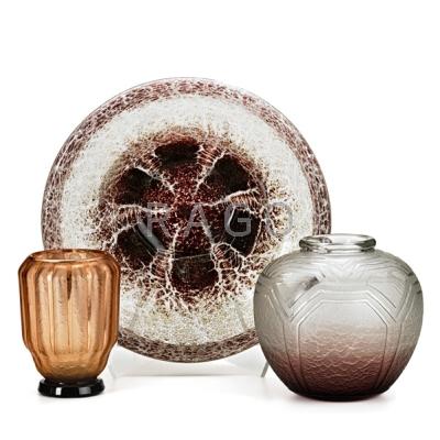 Appraisal: SCHNEIDER Two acid-etched vases and one Ikora flaring bowl by