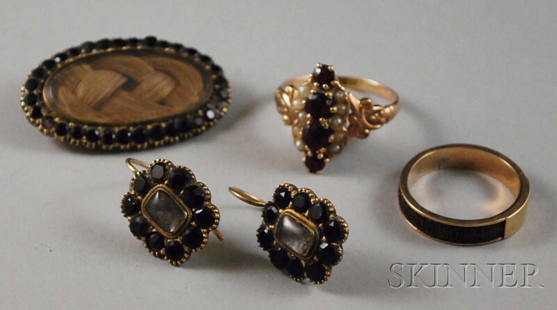 Appraisal: Small Group of Victorian Hairwork Mourning Jewelry a brooch ring