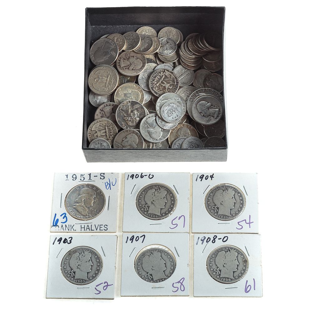 Appraisal: Face Plus Five Barber Halves Barber Dimes Mercury and Roosevelt