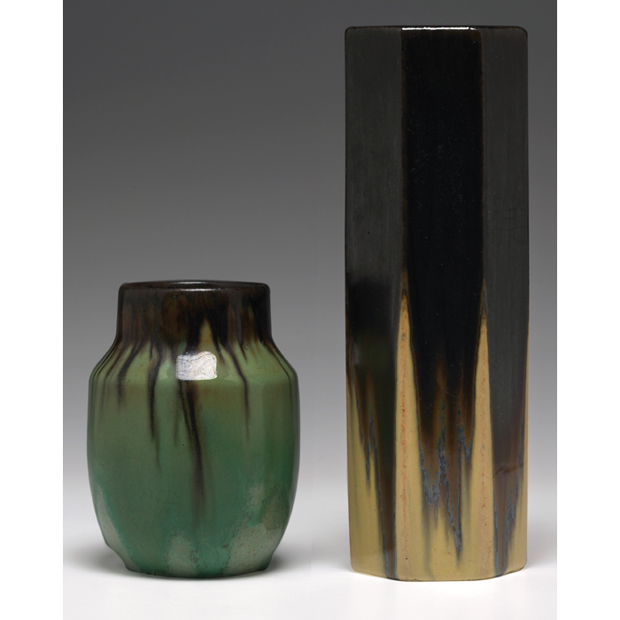 Appraisal: Fulper vase shouldered shape covered in a Mahogany-to-Flemington Green flambe