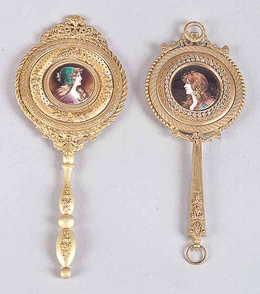 Appraisal: Two French Enamel on Copper and Bronze Dor Hand Mirrors