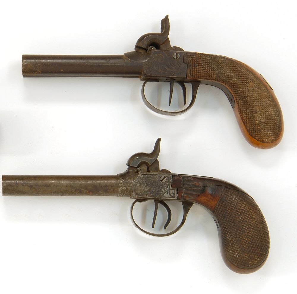 Appraisal: TWO BELGIAN PERCUSSION PISTOLS cal Scroll and floral engraving Walnut