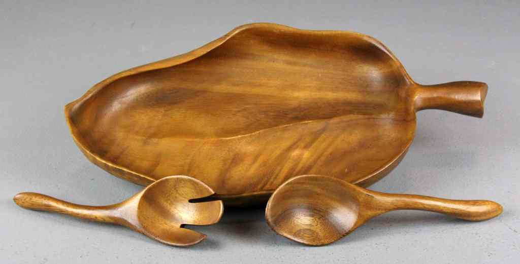 Appraisal: Piece Monkeypod Wood Salad SetTo include leaf-shaped handle bowl serving