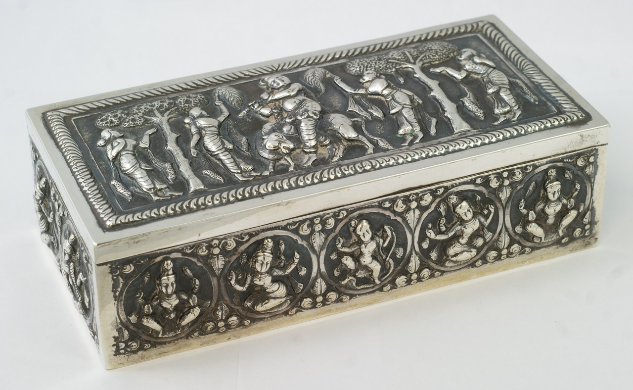 Appraisal: Indian Silver box with Krishna astride a bull wood lined