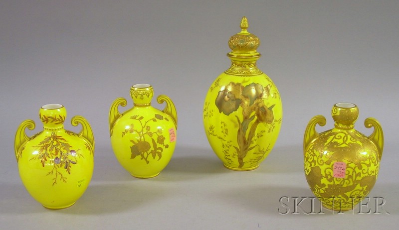 Appraisal: Group of Three Crown Derby Gilt Enamel Decorated Yellow Glazed