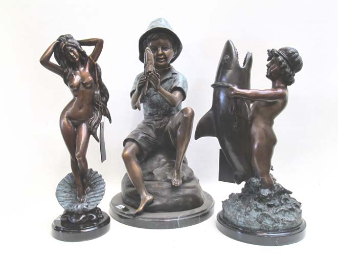 Appraisal: THREE FIGURAL BRONZE SCULPTURES of a child with fish a