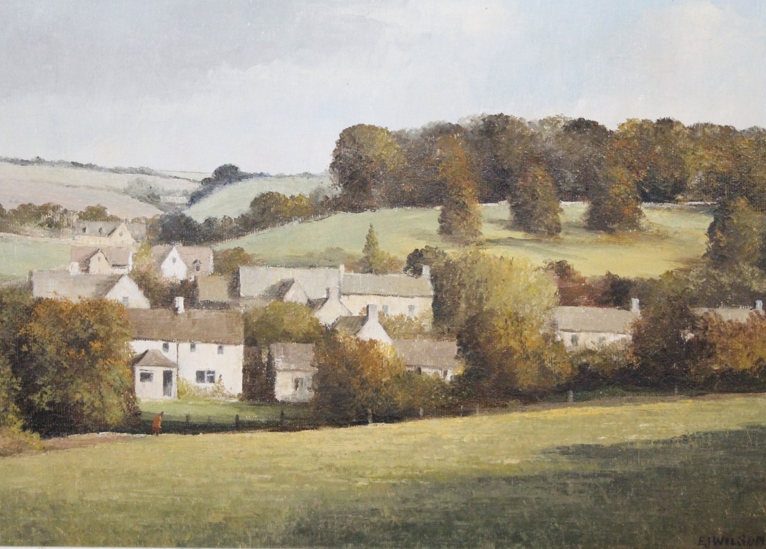 Appraisal: E J Wilson thC Figure before cottages hills and trees