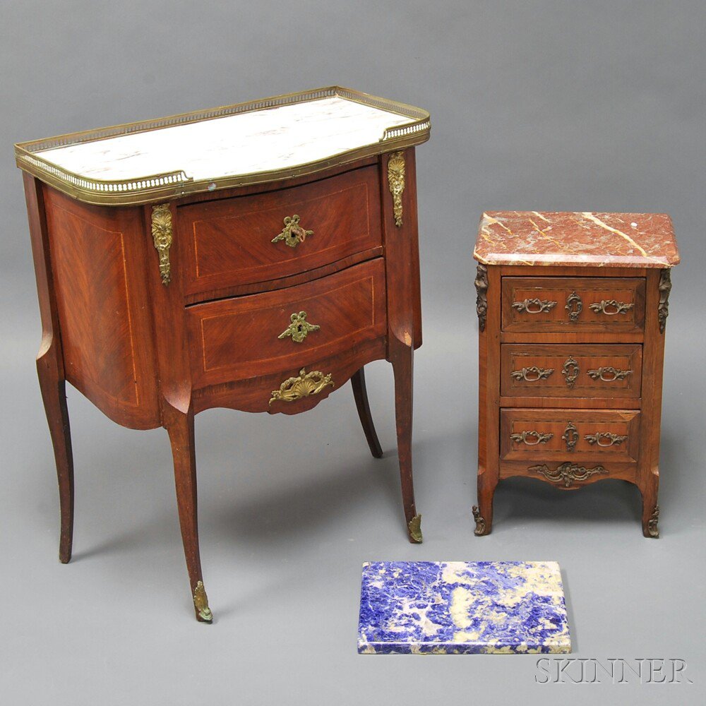 Appraisal: Two Louis XV-style Ormolu-mounted Marble-top Chests a small string-inlaid chest