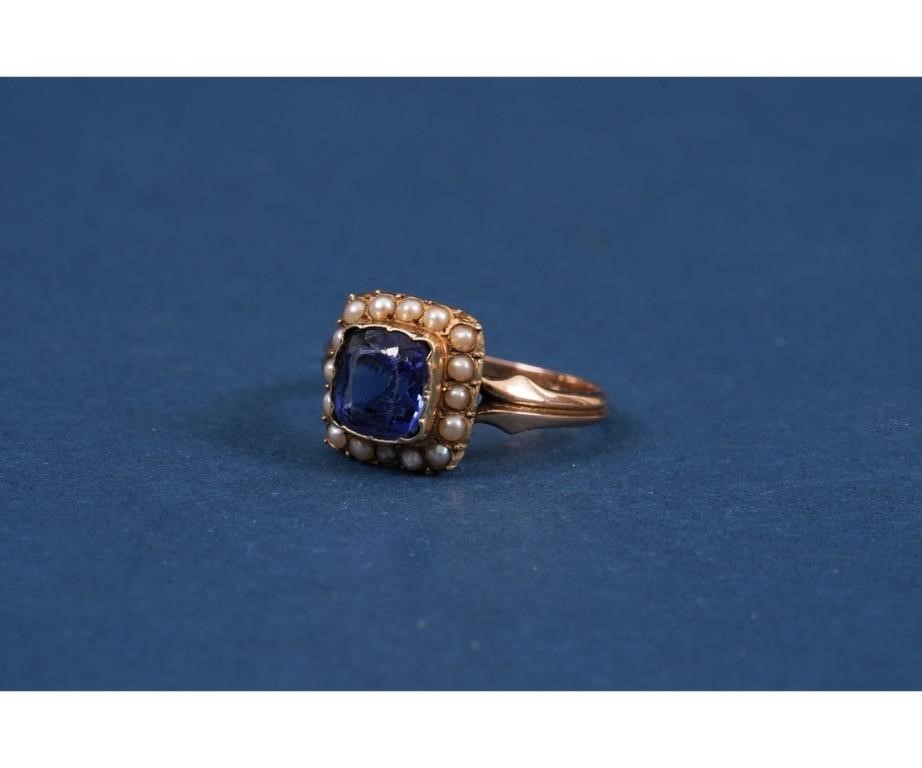 Appraisal: k gold tested ladies ring with center blue stone and